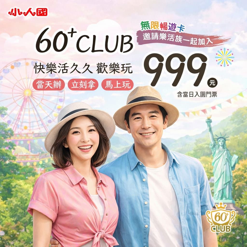 60+ Club 無限暢遊卡宣傳視覺：999 元玩 365 天，長青族專屬